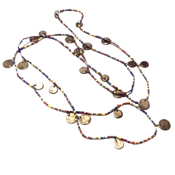 Boho Inspired Multi Color Seed Bead and Gold Disc Charm Necklace - Picture 1 of 6